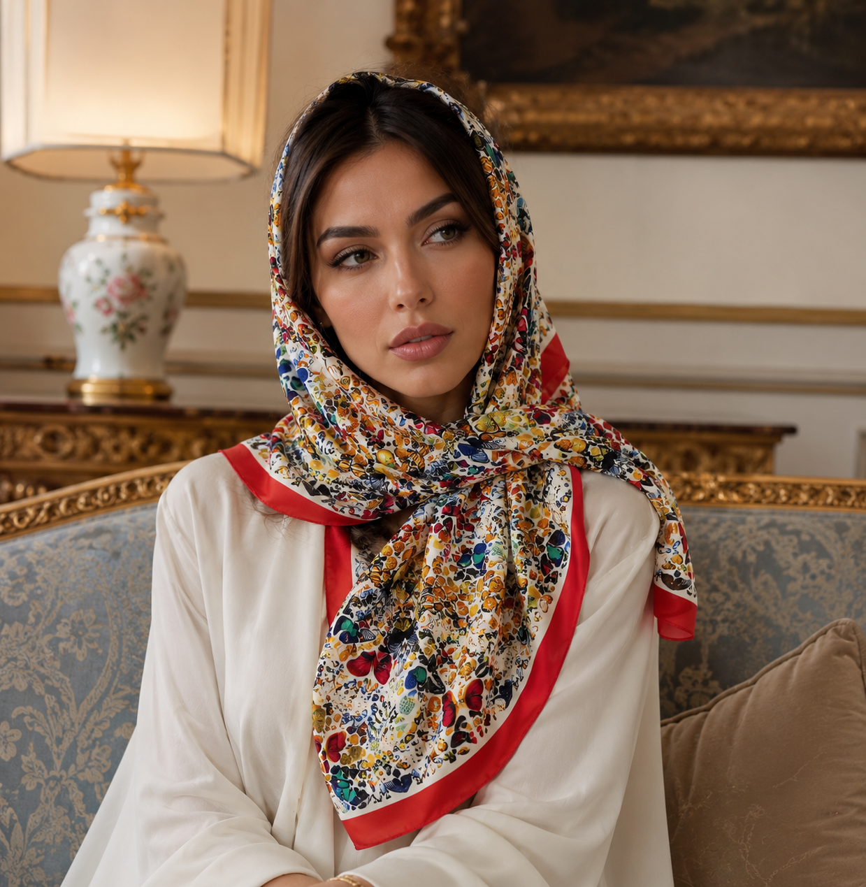 روسری ابریشم توییل زنانه وارداتی طرح پروانه